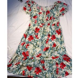 LUXOLOGY Floral Off Shoulder Dress Red White Green Boho Whimsical Ruffle‎ Medium